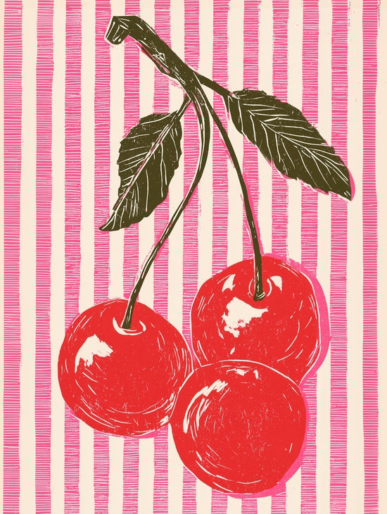 Retro wall art with red cherries on pink striped background, pop art style