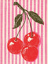 Retro wall art with red cherries on pink striped background, pop art style