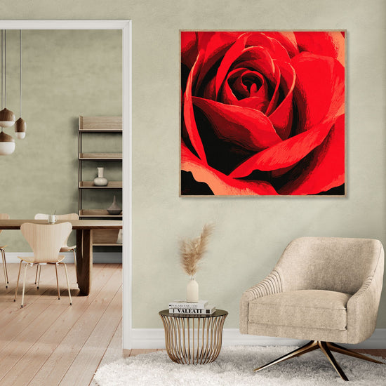 Vibrant red rose wall art, contemporary style, in a minimalist living room decor