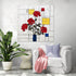 Modern art print with red roses on colorful geometric background, sleek design for contemporary living room