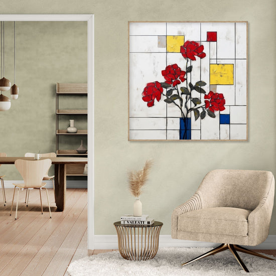 Wall art with red roses on a colorful geometric background, modern and warm ambiance for elegant living room