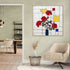 Wall art with red roses on a colorful geometric background, modern and warm ambiance for elegant living room