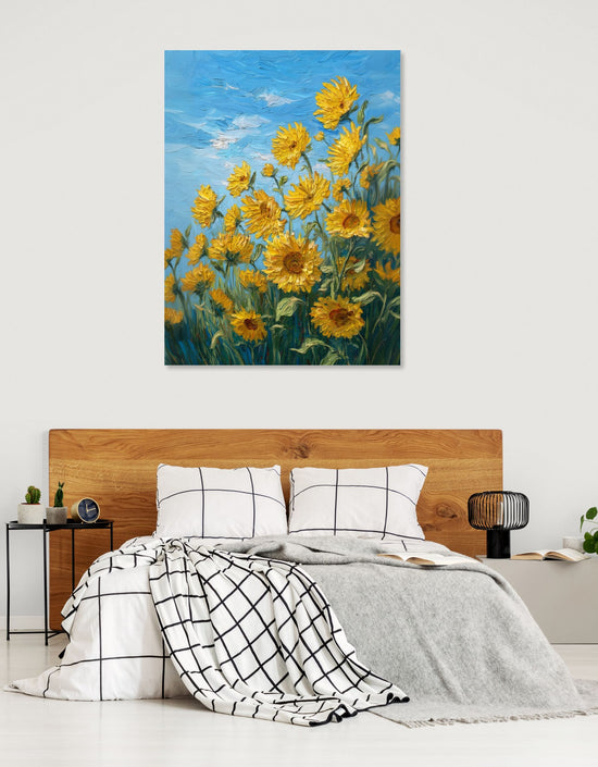 Tableau de tournesols en plein champ, style impressionniste, pour une chambre lumineuse et moderne