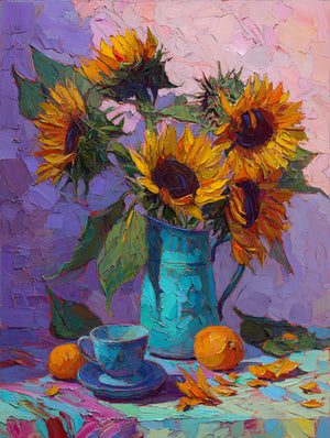 Tableau de tournesols vibrants dans un vase turquoise avec des oranges, style impressionniste