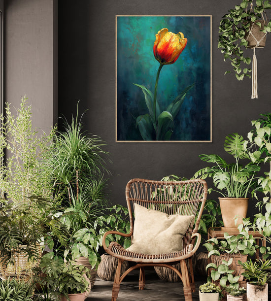 Tableau de tulipe orange vif sur fond bleu profond, style botanique dans un salon luxuriant