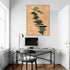 Zen wall art with minimalist tree and black lines on beige in a modern, bright office