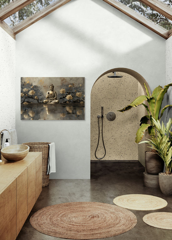Tableau zen avec Bouddha doré et fleurs de lotus dans salle de bain moderne, ambiance apaisante