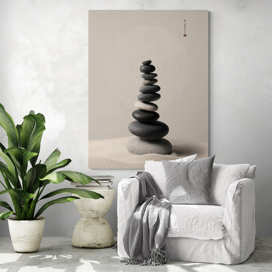 Tableau zen de galets empilés en équilibre sur fond beige, style minimaliste, pour un salon apaisant
