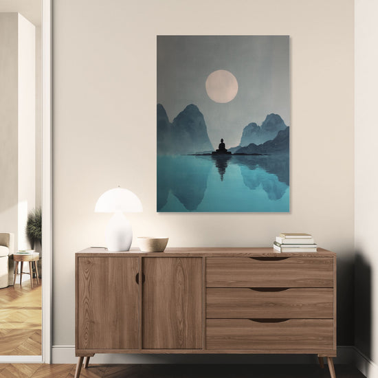 Zen artwork with meditative silhouette facing the moon reflection, calming style for a modern interior