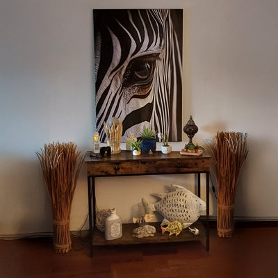 Customer review: photo of a wall art print featuring a close-up of a zebra’s eye, hung above a wooden console styled with plants, ethnic-inspired decor, and natural elements in a warm setting.