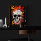Affiche artistique de crâne coloré sur fond sombre derrière un bureau minimaliste.