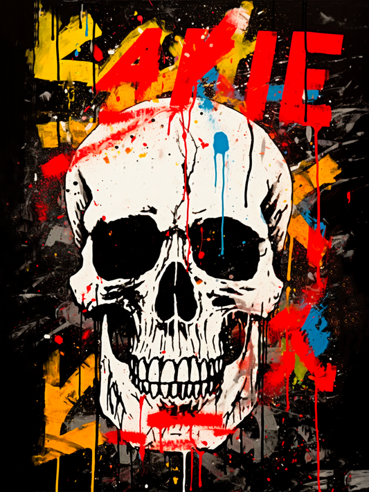 Tableau vibrant tête de mort avec graffiti sur fond abstrait noir.