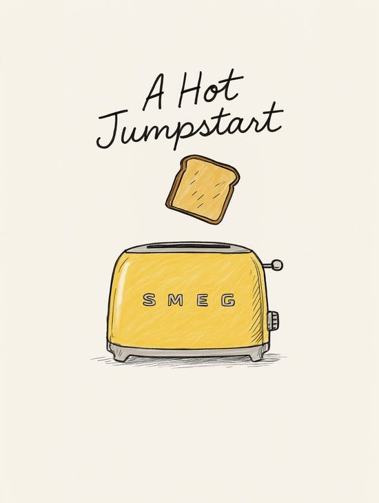 Toaster rétro jaune avec tranche de pain grillé et texte "A Hot Jumpstart" en style vintage