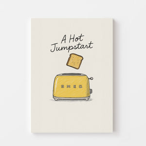 Toaster rétro jaune avec tranche de pain grillé et texte "A Hot Jumpstart" en style vintage