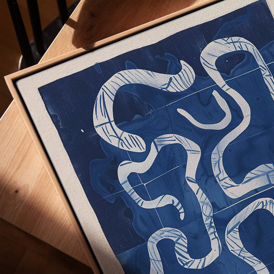 Blue wavy line abstract wall art for a minimalist home office