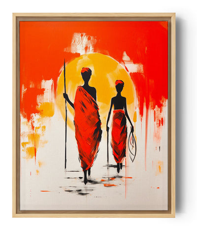 Modernes Gemälde, das zwei afrikanische Silhouetten in roten Stoffen zeigt, die unter einer glühenden Sonne gehen. Der Hintergrund in Rot-, Orange- und Gelbtönen schafft eine warme und immersive Atmosphäre. Ideal für eine ethnische und zeitgenössische Dekoration.