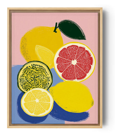 Tableau pop art de fruits citron et pamplemousse sur fond coloré pour une cuisine moderne