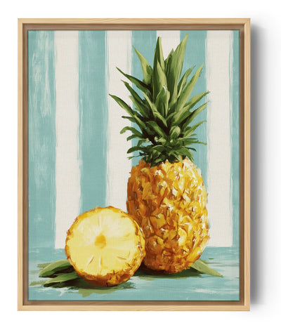 Pintura de piña sobre fondo de rayas turquesa, estilo exótico y luminoso para cocina moderna