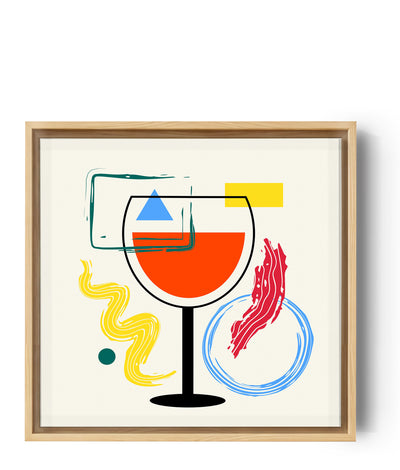 Un tableau de cuisine moderne avec au centre un verre de vin noir à l'intérieur du orange. Des formes géométriques sont dessinées autour et dessus le verre.