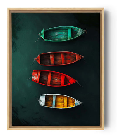 Canvas print of colorful boats on the water in yellow, red, and green