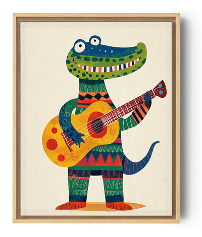 Illustration eines stehenden, bunten und lächelnden Krokodils, das Gitarre spielt. Es trägt ein buntes Kostüm mit geometrischen Mustern in Rot, Grün und Blau. Sein breites Lächeln zeigt bunt gestreifte Zähne. Der Hintergrund ist einfarbig und beige und betont die Lebendigkeit der Figur.