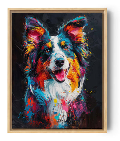 toile effet peinture, représentation d'un portrait de chien coloré, fond noir