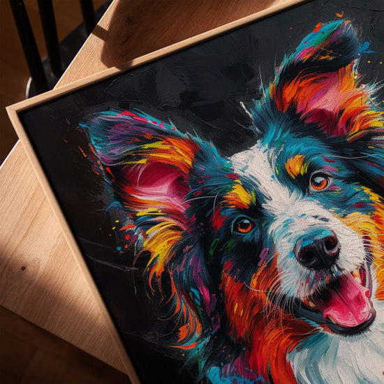 Tableau Border Collie contemporain coloré pour salon cadre chêne doré