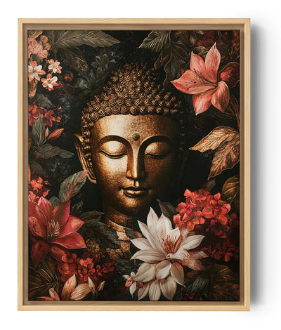Une œuvre d’art captivante représentant un Bouddha doré entouré de fleurs exotiques rouges et blanches, sur un fond sombre. Le contraste vibrant crée une ambiance paisible et élégante.