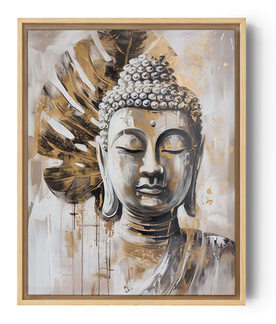 Portrait artistique de Bouddha en nuances dorées et blanches, visage serein aux yeux clos, devant une grande feuille peinte en arrière-plan.