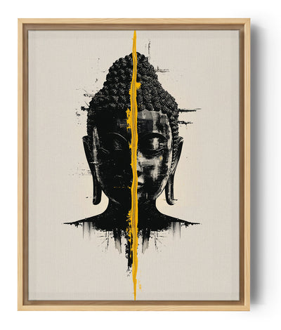 Lienzo artístico que representa el rostro de Buda en negro, cortado en dos por una línea amarilla vibrante sobre fondo beige. El contraste gráfico refuerza la serenidad y el equilibrio del sujeto.