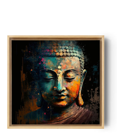 Ein fesselndes Wandbild, das das Gesicht Buddhas in einem farbenfrohen künstlerischen Stil darstellt. Die Nuancen von Blau, Orange und Gold verschmelzen zu einem texturierten Effekt, der Gelassenheit und Meditation hervorruft. Ideal für eine zen-artige und beruhigende Dekoration.