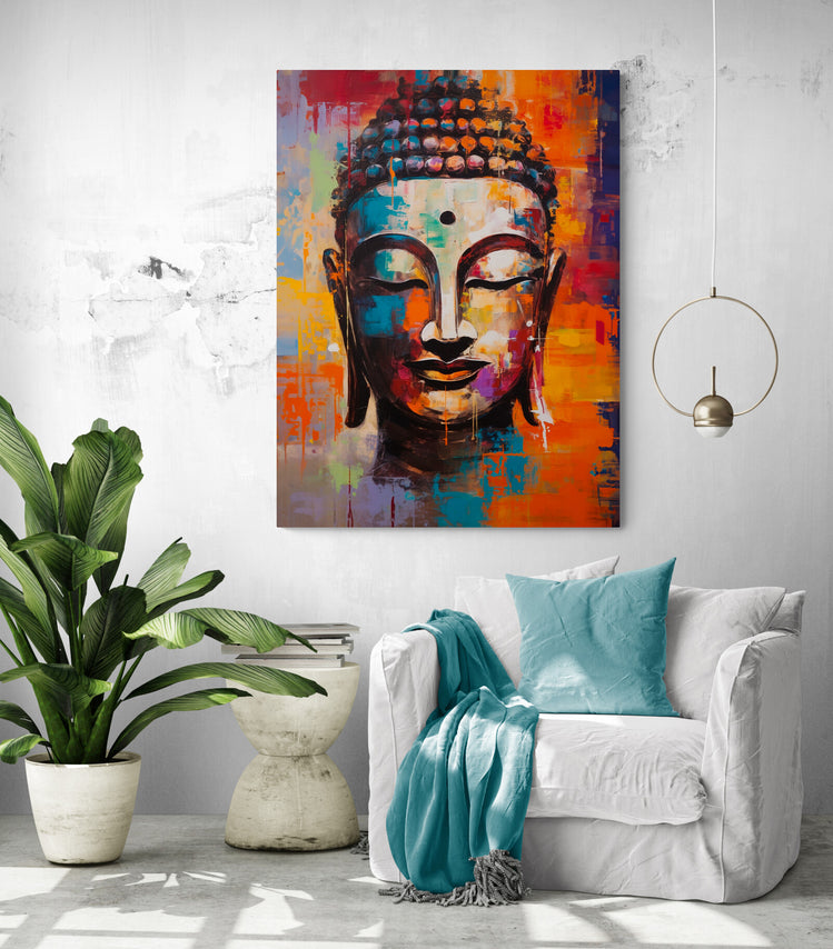 Intérieur avec tableau coloré de Bouddha, canapé blanc et touches turquoise