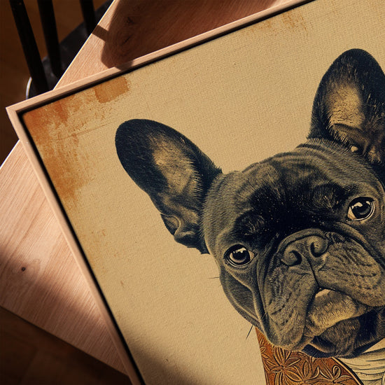 French Bulldog aristocrat portrait for living room, framed in golden oak