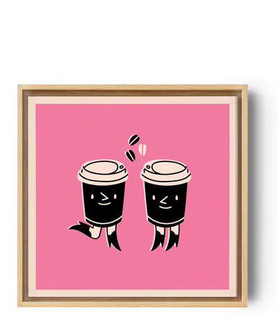 Ein farbenfrohes rosa Bild mit zwei personifizierten Kaffeetassen, die sich gegenüberstehen. Sie haben Beine und ein lächelndes Gesicht