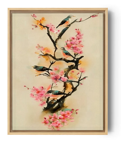 Spring swallows perched on a blooming cherry blossom tree, Chinese-style pastel painting