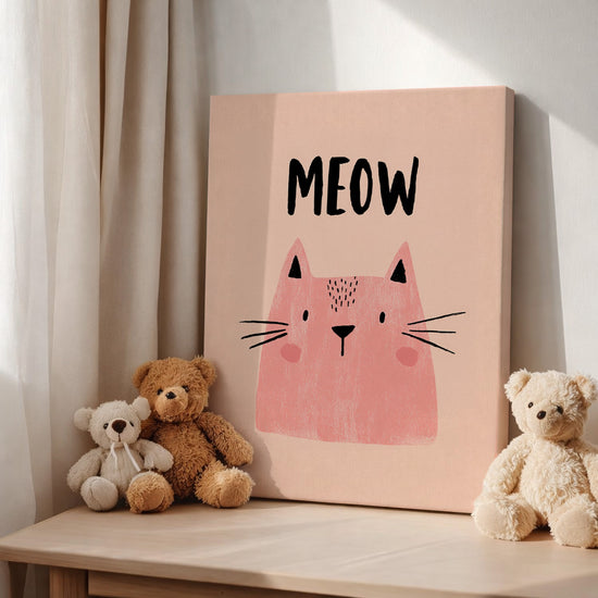 Pink cat canvas print with MEOW, pastel Scandinavian decor for baby nursery or girls room, soothing and playful wall art
