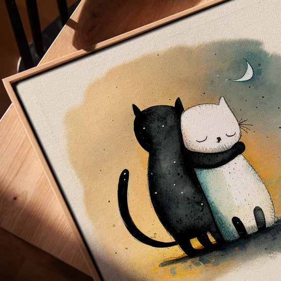 Contemporary "Cuddling Cats" canvas – feline tenderness – modern cat wall decor styled in a room setting