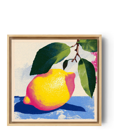 Künstlerisches Retro-Wandbild mit leuchtend gelber Zitrone und grünem Laub, Pop-Art-Stil