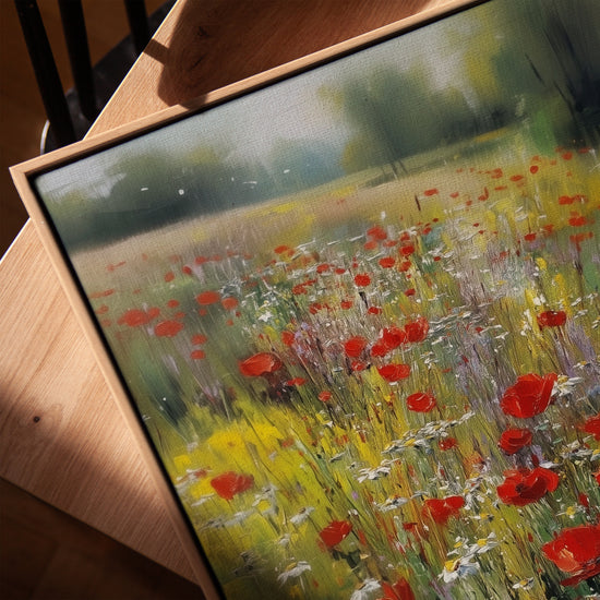 Champ de coquelicots impressionniste toile pour salon cadre chêne doré