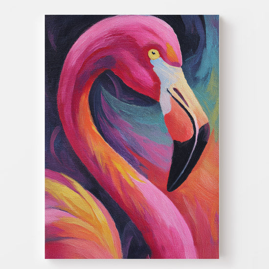 Colorful flamingo canvas with vivid pink, orange, and yellow feathers on a dark background
