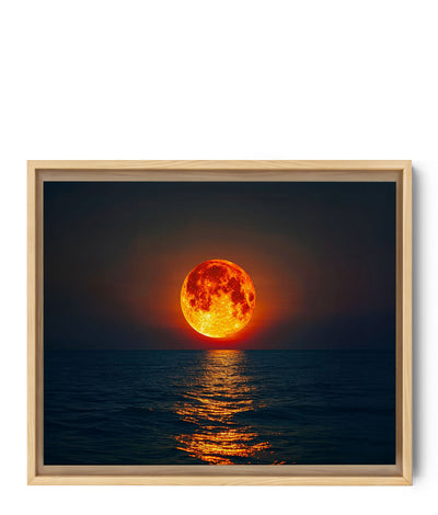 Tableau grandiose lune rougeoyante et reflets sur océan pour une ambiance mystique et sereine