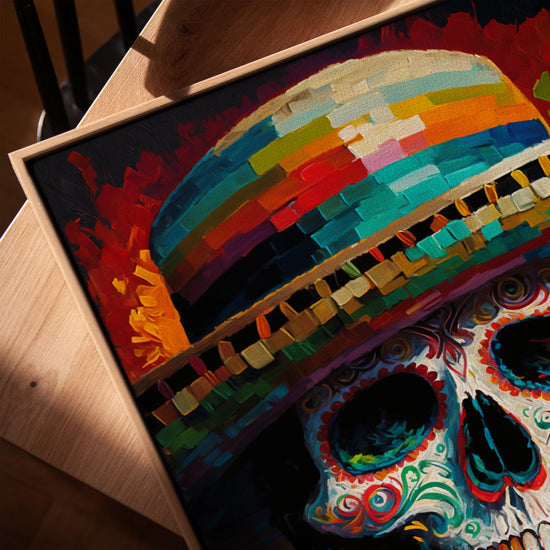 Tableau crâne mexicain coloré pour salon scandinave