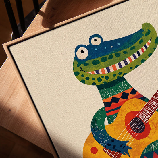 Colorful crocodile playing guitar canvas print for Scandinavian baby nursery