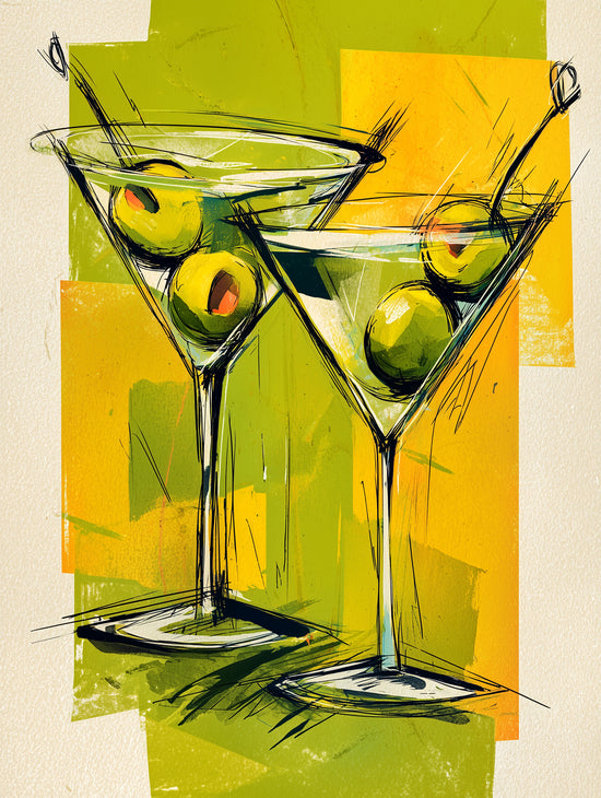 Kitchen wall art illustration of a gin martini glass with an olive