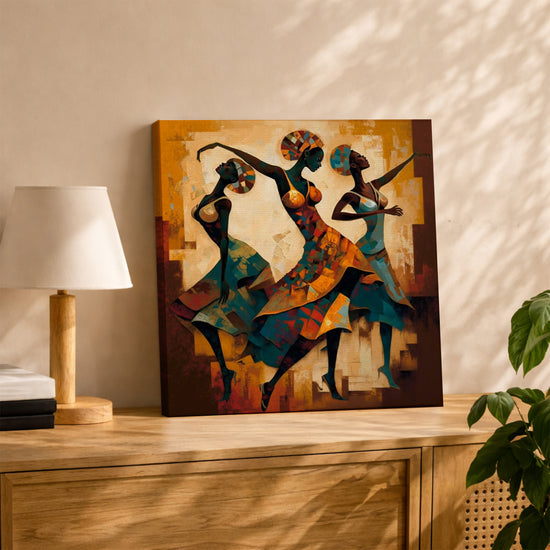 Trois femmes danse africaine toile abstraite bleu jaune orange