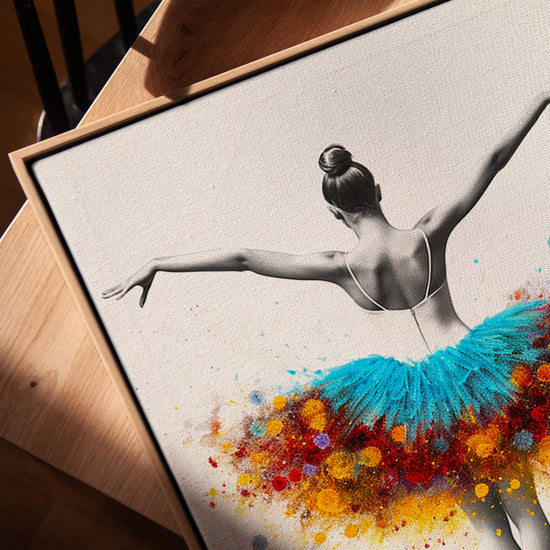 Floral ballerina canvas wall art for the living room, golden oak frame style