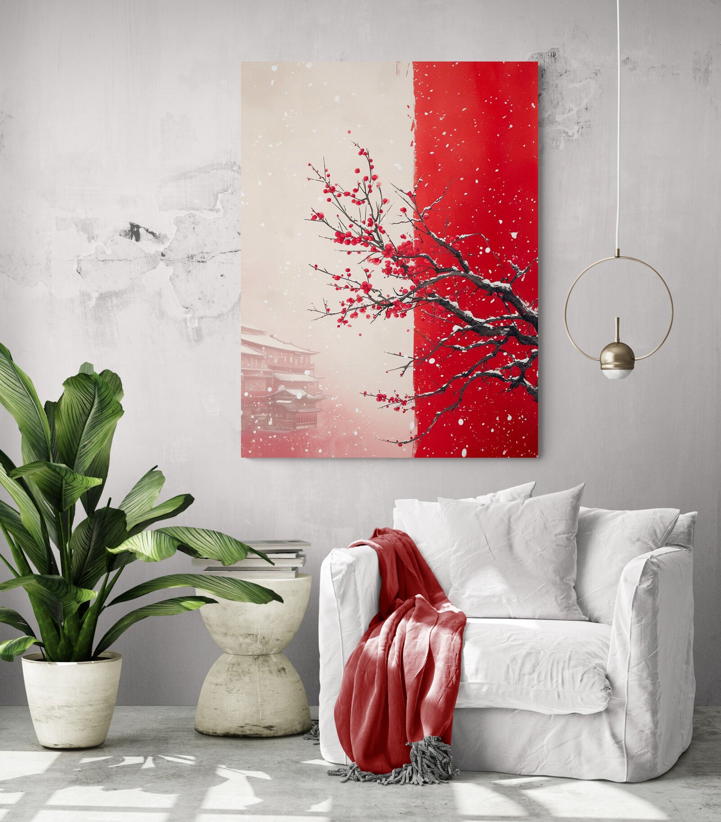 Salon contemporain, toile cerisier japonais, design intérieur élégant