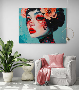 Oversized canvas depicting a woman with flowers, adorning a cozy nook with plants.
