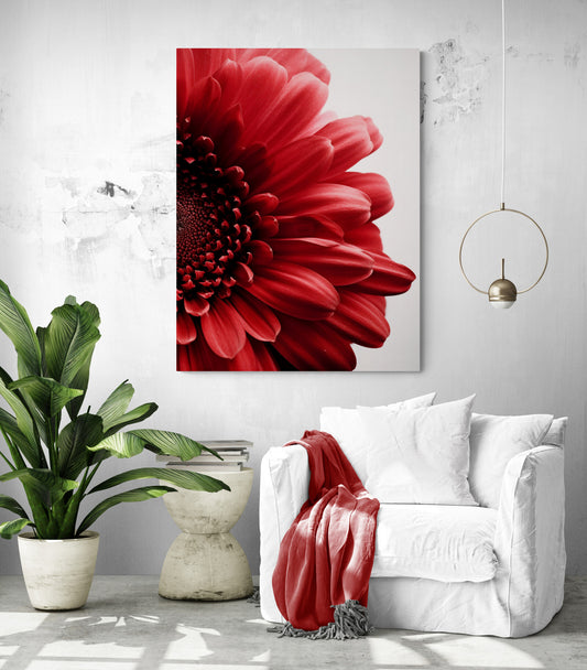 tableau de deco avec un fleurs rouge en gros plan dans un salon blanc