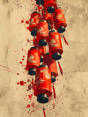 Decorative canvas with Asian red lanterns splashed with paint.